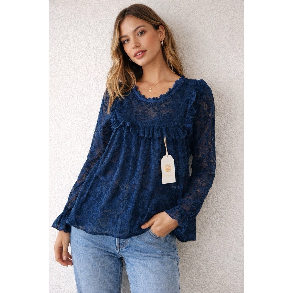 Chrysanthemum Navy Lace Babydoll Blouse XS Boho Ruffle Long Sleeve Top Sheer